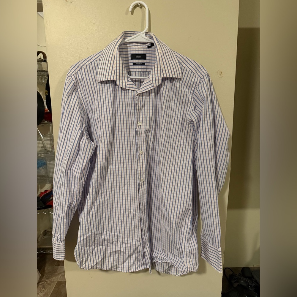 Hugo Boss Men’s Regular Fit Striped Dress Shirt 16 32/33 Blue Pink